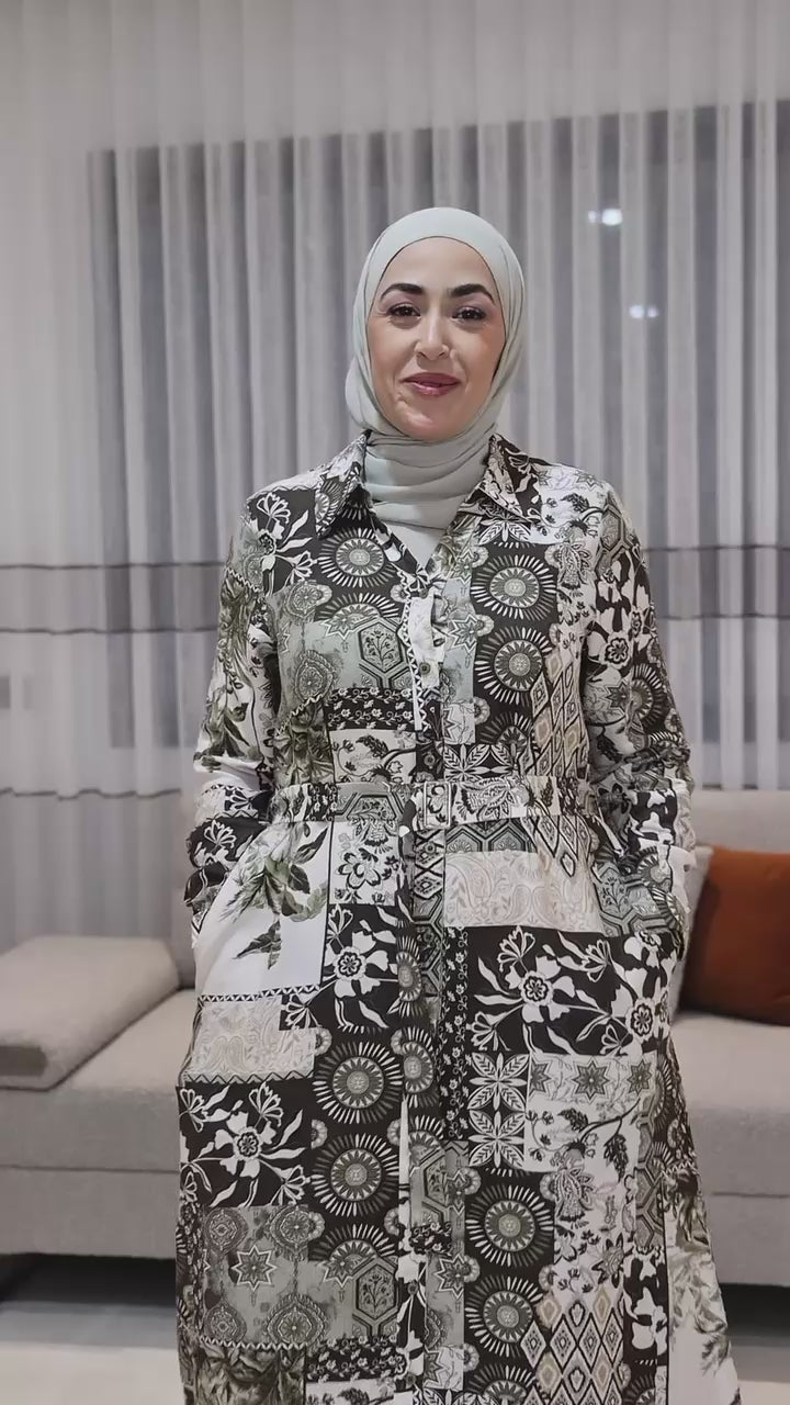 Robe chemise patchwork décontractée à manches longues mi-longues, col boutonné, poche,  bleu,vert,marron Tenue élégante maxi pour femmes en automne